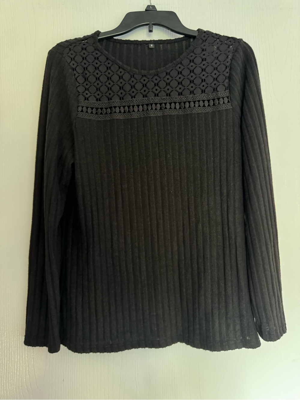 Classic Black Lace-Yoke Ribbed Long Sleeve Top